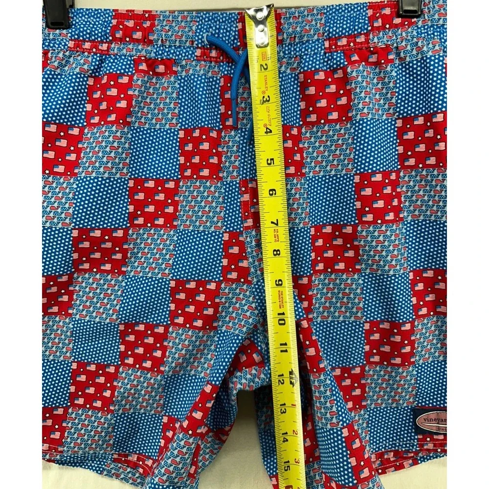 Vineyard Vines Boys Swim Trunks L Patriotic American Flag Patchwork Blue Red